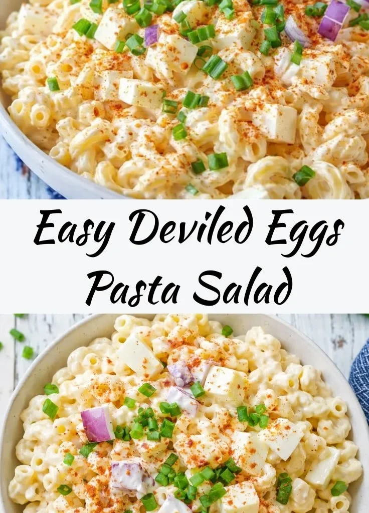Delicious deviled eggs pasta salad in a bowl served with fresh herbs