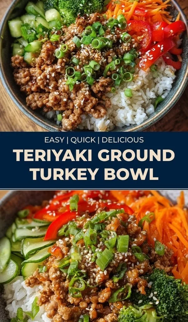 Delicious teriyaki ground turkey bowl with fresh vegetables and savory sauce.