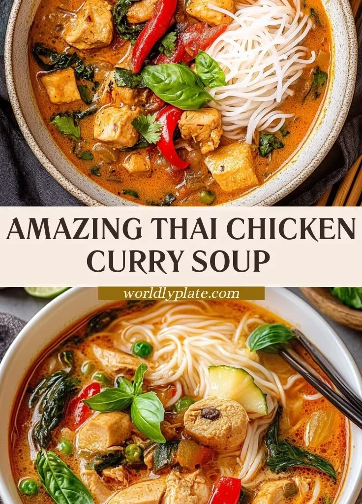 A bowl of flavorful Thai Chicken Curry Soup with fresh herbs and spices.