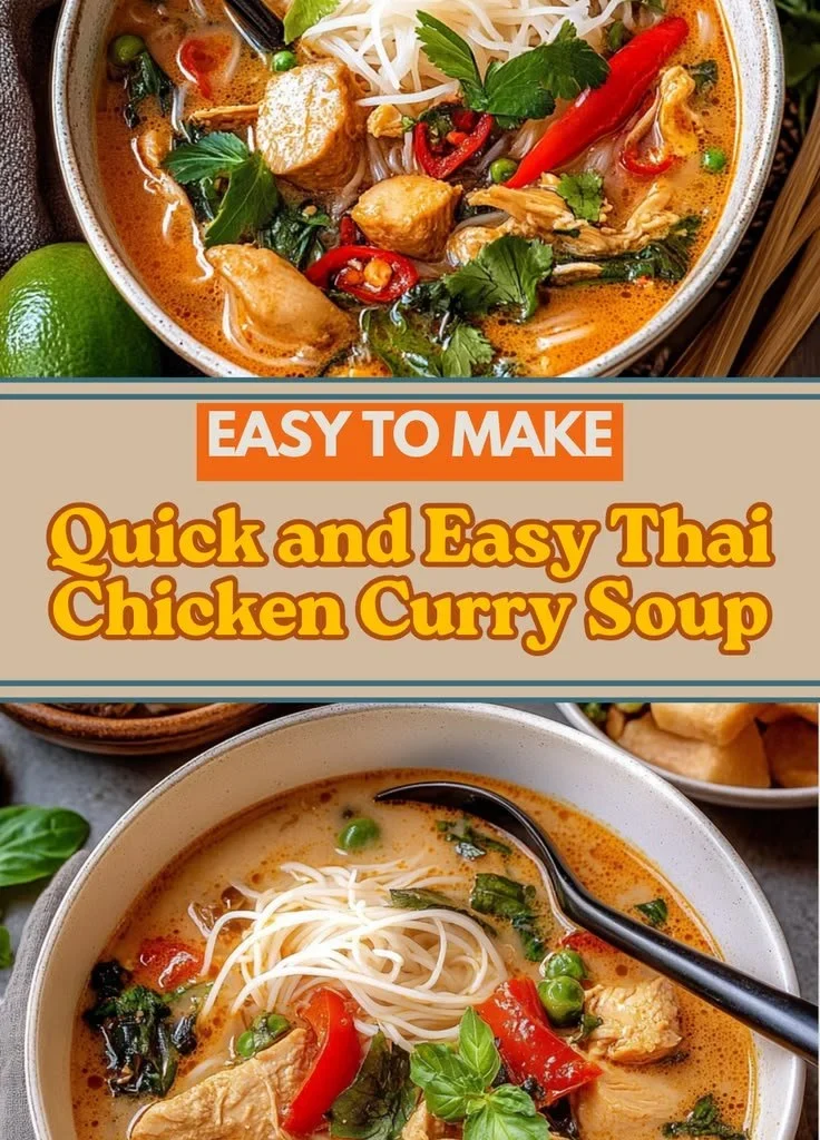 Bowl of Thai Chicken Curry Soup garnished with fresh herbs and lime.