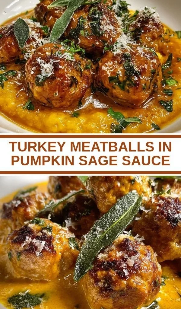Turkey meatballs served in creamy pumpkin sage sauce on a plate
