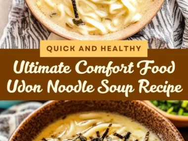 Bowl of steaming udon noodle soup with vegetables and broth