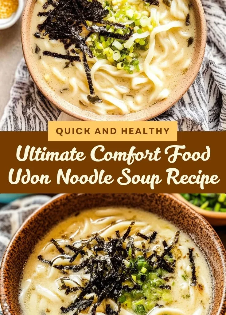 Bowl of steaming udon noodle soup with vegetables and broth