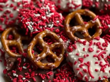 Valentine’s Day chocolate covered pretzels with a festive heart design