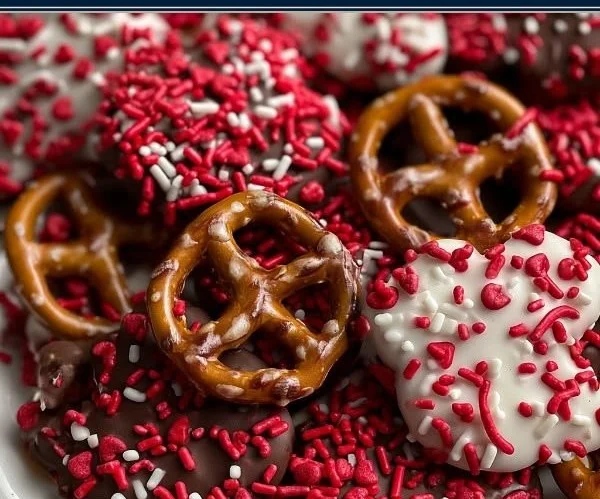 Valentine’s Day chocolate covered pretzels with a festive heart design