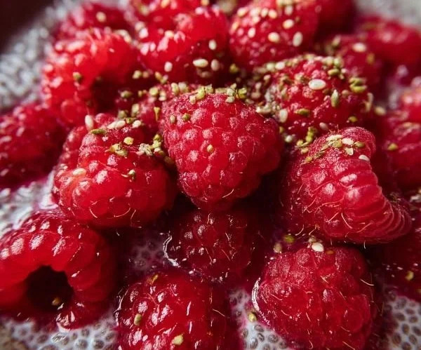 Vegan raspberry chia pudding in a glass topped with fresh raspberries