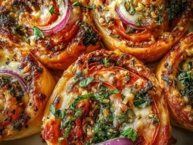 Vegetable pizza pinwheels filled with fresh veggies and cheese, cut into slices.