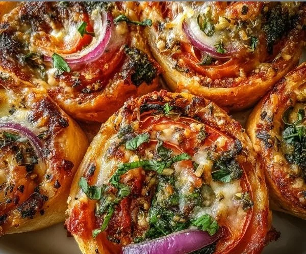 Vegetable pizza pinwheels filled with fresh veggies and cheese, cut into slices.