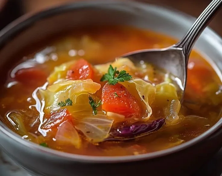 Bowl of low calorie cabbage fat burning soup with fresh ingredients