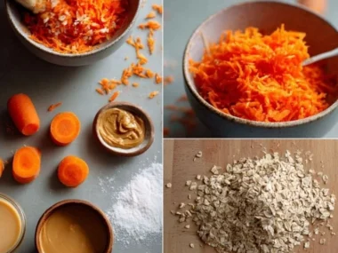 Homemade carrot oat dog treats on a wooden table