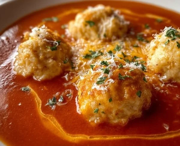 Wholesome tomato soup served with cheddar bay dumplings in a bowl.