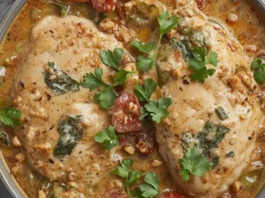 Creamy Tuscan chicken served with herbs and vegetables on a plate