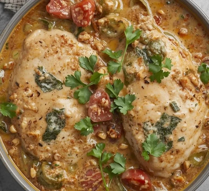 Creamy Tuscan chicken served with herbs and vegetables on a plate