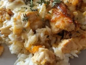 Delicious Angel Chicken and Rice Casserole in a baking dish ready to serve