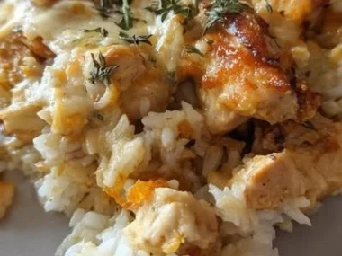 Delicious Angel Chicken and Rice Casserole in a baking dish ready to serve