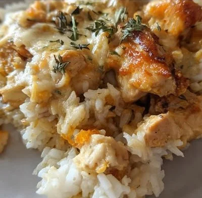 Delicious Angel Chicken and Rice Casserole in a baking dish ready to serve