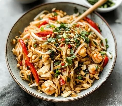 Delicious plate of authentic Pad Thai with shrimp, peanuts, and lime