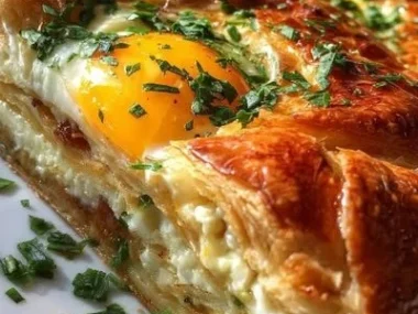 Plate of Baked Eggs Napoleon served with herbs and toast