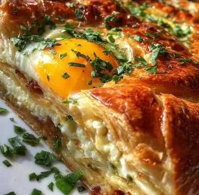 Plate of Baked Eggs Napoleon served with herbs and toast