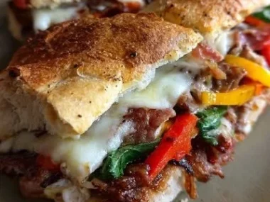 Baked Italian grinder sandwiches fresh out of the oven, overflowing with toppings.
