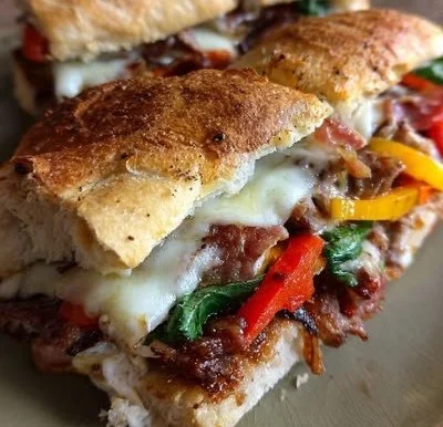 Baked Italian grinder sandwiches fresh out of the oven, overflowing with toppings.