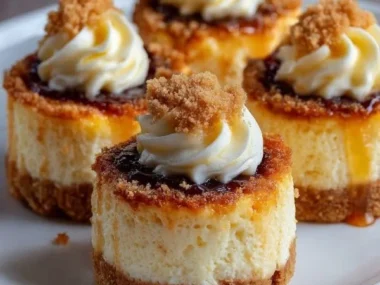 Baked mini cheesecakes topped with fruit and whipped cream on a white plate.