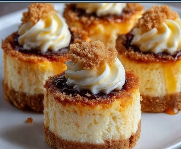 Baked mini cheesecakes topped with fruit and whipped cream on a white plate.
