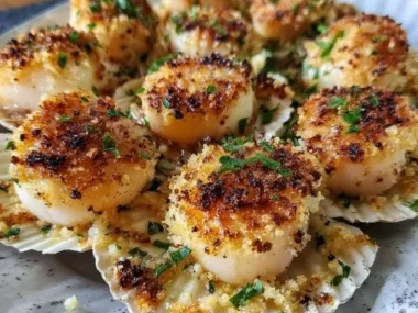 Plate of perfectly Baked Sea Scallops garnished with herbs