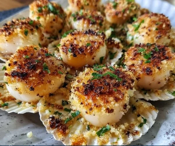 Plate of perfectly Baked Sea Scallops garnished with herbs