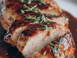 Balsamic baked chicken breast with herbs and spices on a plate