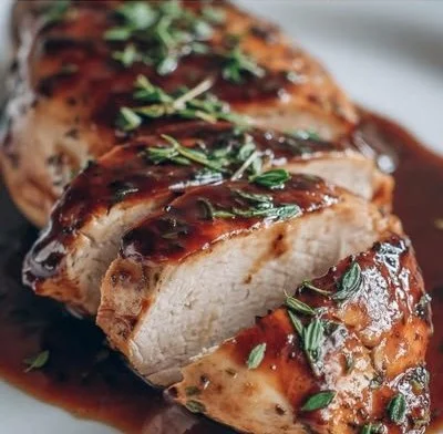 Balsamic baked chicken breast with herbs and spices on a plate