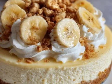 Delicious Banana Pudding Cheesecake slice with layers of banana and creamy filling