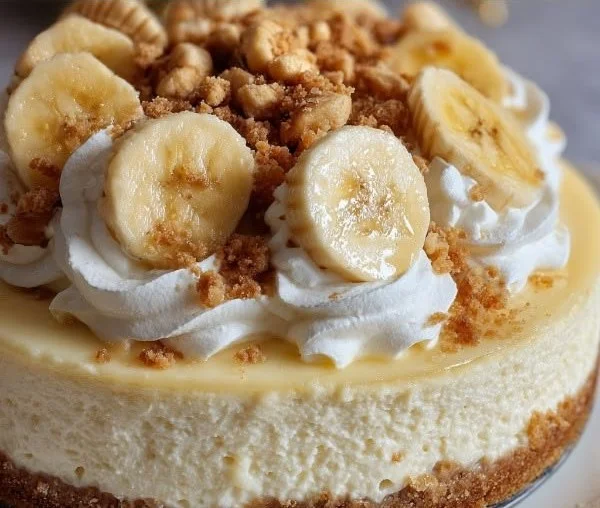 Delicious Banana Pudding Cheesecake slice with layers of banana and creamy filling