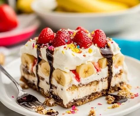 Delicious Banana Split Cake with layers of banana, chocolate, and cream