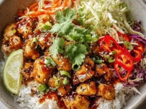 Delicious Bang Bang Chicken Bowl with crispy chicken and fresh vegetables