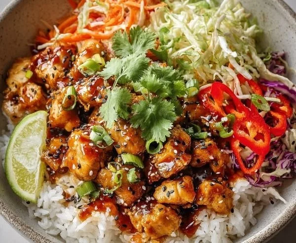 Delicious Bang Bang Chicken Bowl with crispy chicken and fresh vegetables