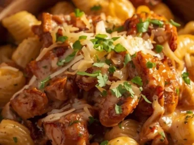 Creamy BBQ Chicken Mac and Cheese dish topped with golden breadcrumbs