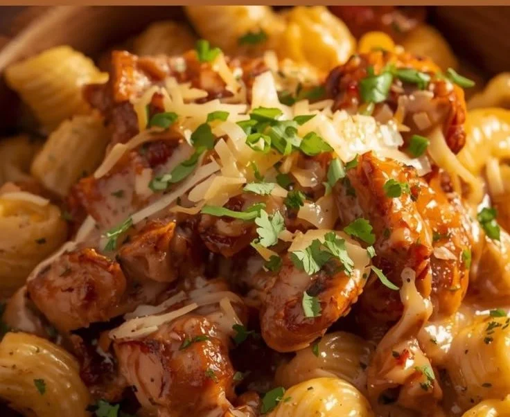 Creamy BBQ Chicken Mac and Cheese dish topped with golden breadcrumbs