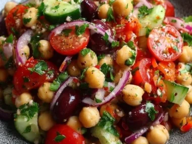 A colorful bean salad featuring chickpeas, bell peppers, and herbs.