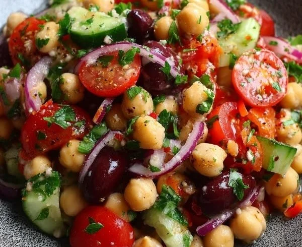 A colorful bean salad featuring chickpeas, bell peppers, and herbs.