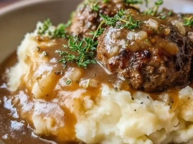 Delicious beef and gravy served over creamy mashed potatoes