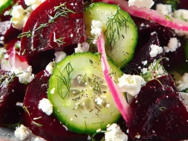 Beet salad with feta cheese, cucumbers, and fresh dill on a plate.