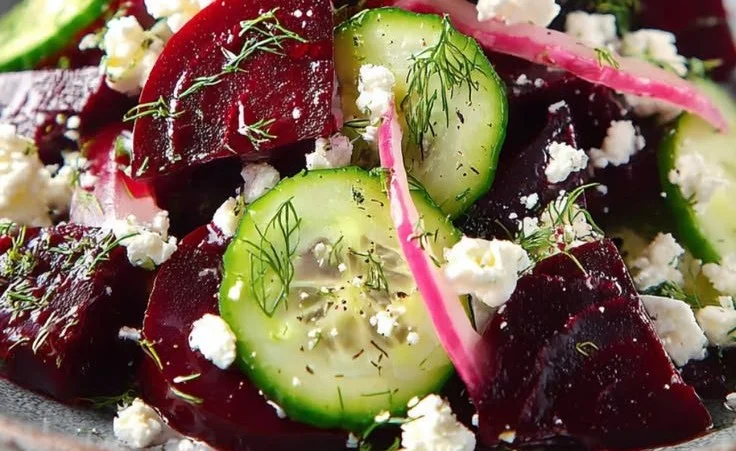 Beet salad with feta cheese, cucumbers, and fresh dill on a plate.