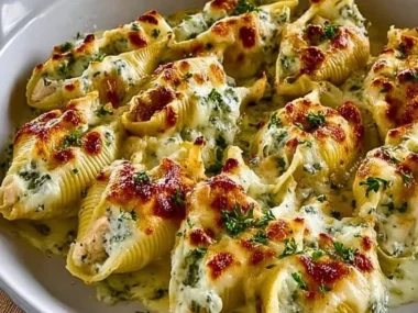 Delicious baked chicken Alfredo stuffed shells on a plate.
