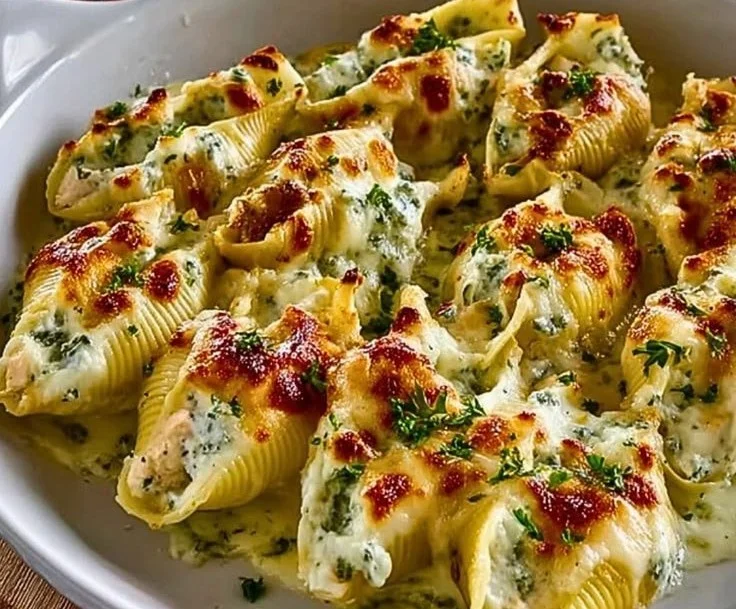 Delicious baked chicken Alfredo stuffed shells on a plate.
