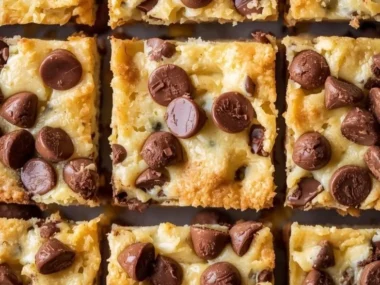 Delicious chocolate chip cheesecake bars topped with chocolate chips on a plate.