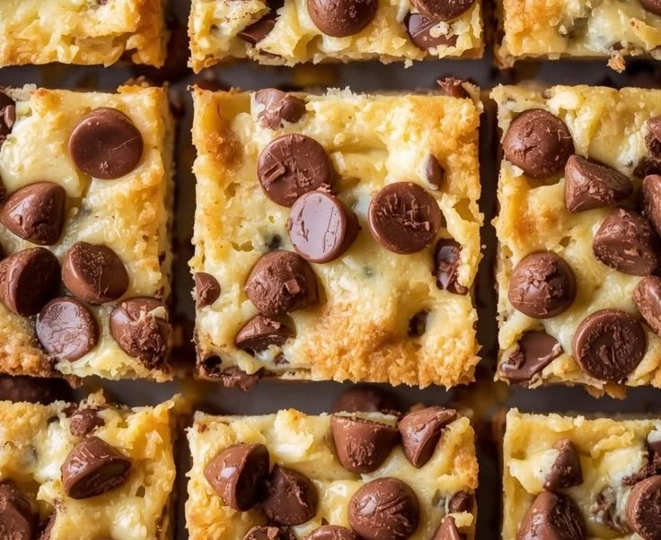 Delicious chocolate chip cheesecake bars topped with chocolate chips on a plate.