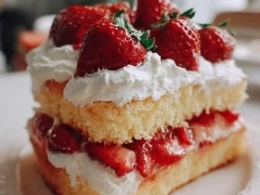 Delicious strawberry shortcake served with fresh strawberries and whipped cream