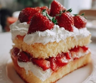 Delicious strawberry shortcake served with fresh strawberries and whipped cream