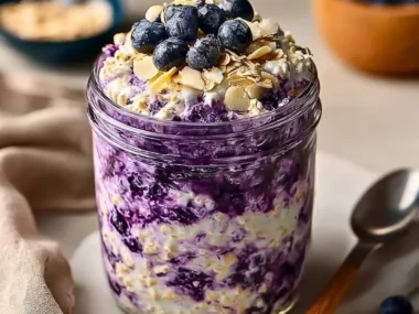 Bowl of blueberry cottage cheese overnight oats with fresh berries on top